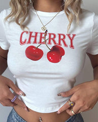 Cherry Graphic Baby Tee – White Crop Top (M–XXL)
