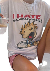 I Hate Mornings Cartoon T-Shirt – Funny Oversized Lazy Mood Tee