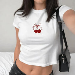 Cherry Baby Tee – White Aesthetic Crop Top