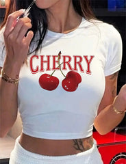 Cherry Graphic Baby Tee – White Crop Top (M–XXL)