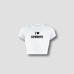 I Love Cowboys Women’s White Baby Tee – Western Style Crop Top