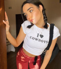I Love Cowboys Women’s White Baby Tee – Western Style Crop Top