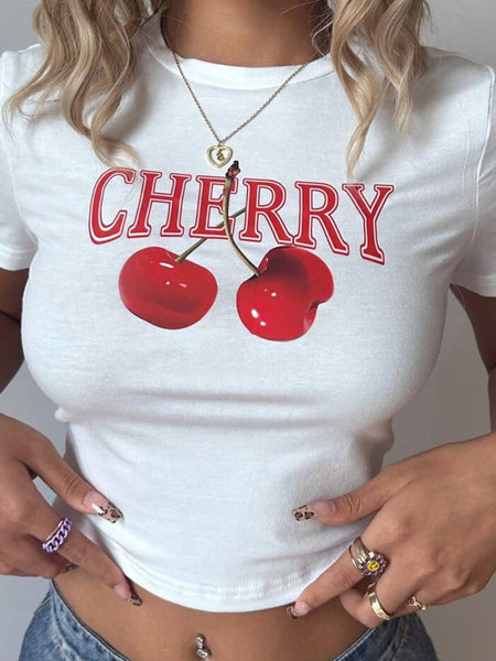 Cherry Graphic Baby Tee – White Crop Top (M–XXL)