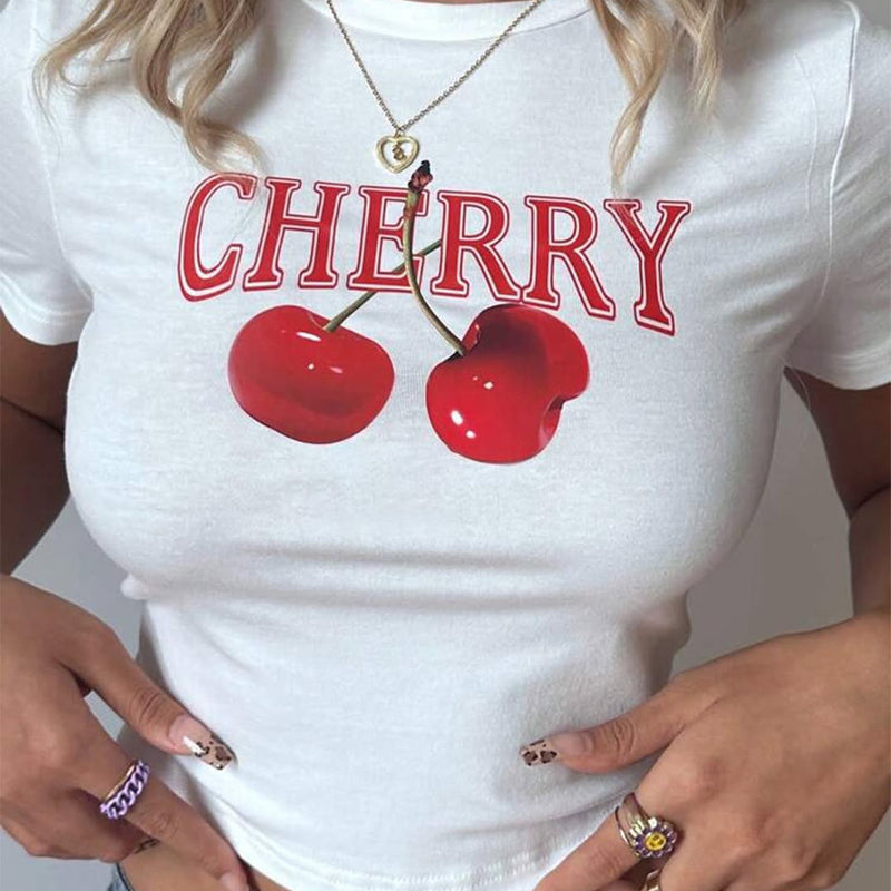 Cherry Graphic Baby Tee – White Crop Top (M–XXL)