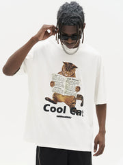 Cool Cat Graphic T-Shirt – Newspaper Reading Cat Oversized Tee
