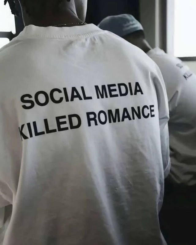Oversized “Social Media Killed Romance” White Graphic Tee
