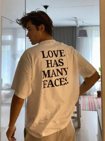 Love Has Many Faces | White Oversized Drop Shoulder Tee for Men