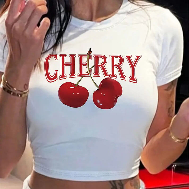 Cherry Graphic Baby Tee – White Crop Top (M–XXL)