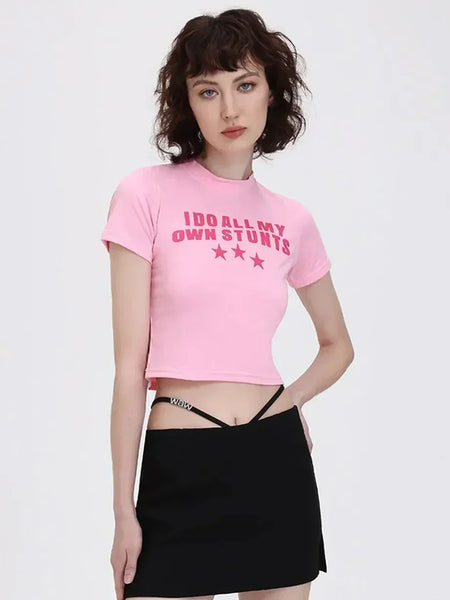 I Do All My Own Stunts Baby Pink Baby Tee | Crop Top