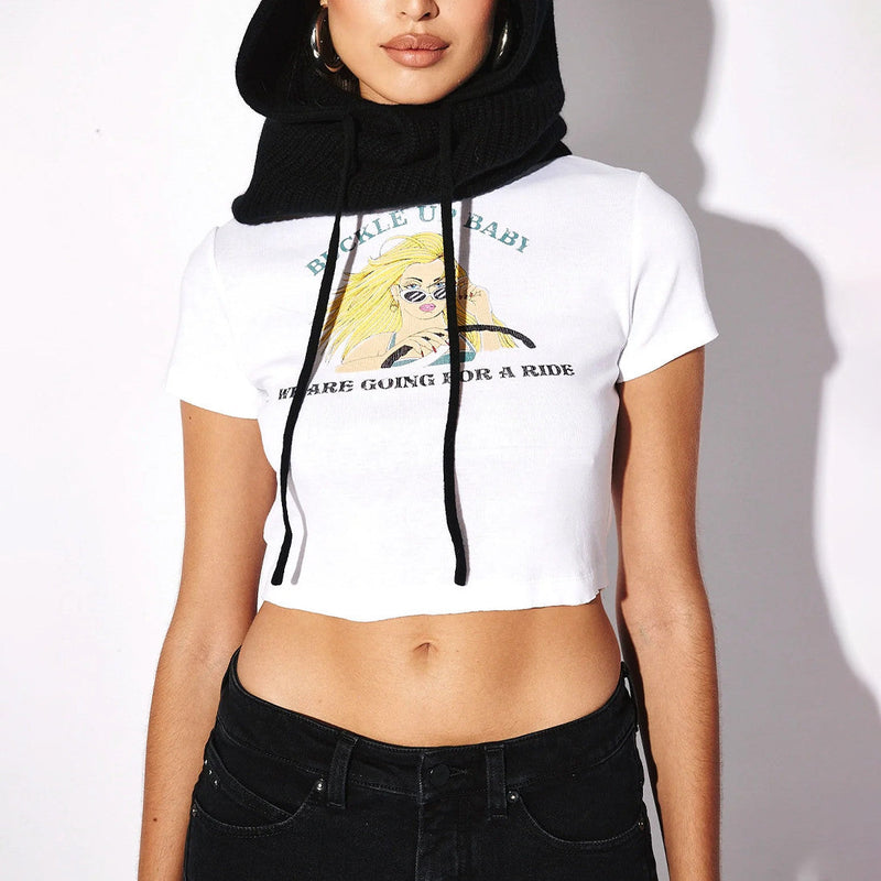 Buckle Up Baby Y2K White Crop Top for Women