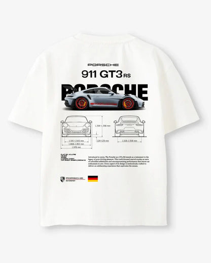 Porsche 911 GT3 RS Oversized Black T-Shirt – Supercar Blueprint Graphic Tee | Unisex